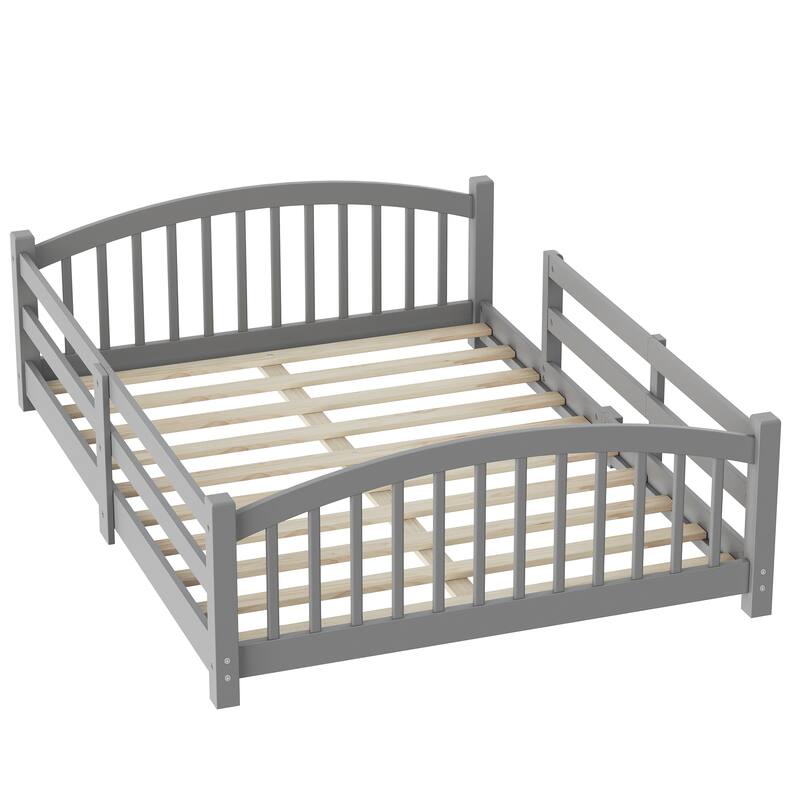 Montessori Solid Pine Floor Bed with Full-Length Safety Fence & Slatted Base by Harper&Bright Designs