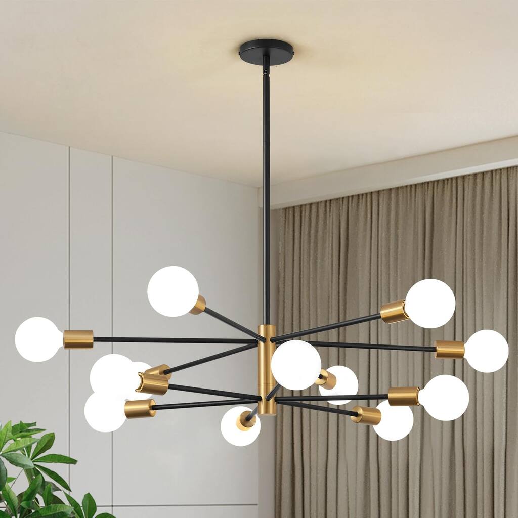 Modern Chandelier 12-Light Sputnik Chandeliers for Dining Room Over Table Black and Gold Chandelier Light Fixture Mid Century