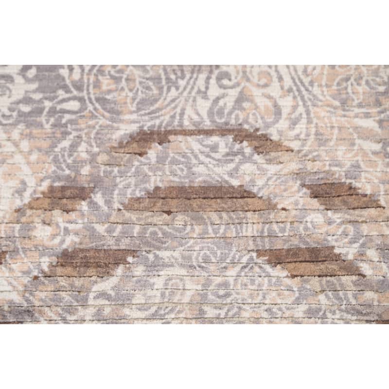 Beige Striped / Abstract Indian Area Rug Handmade Wool Carpet - 3'10"x 6'0"