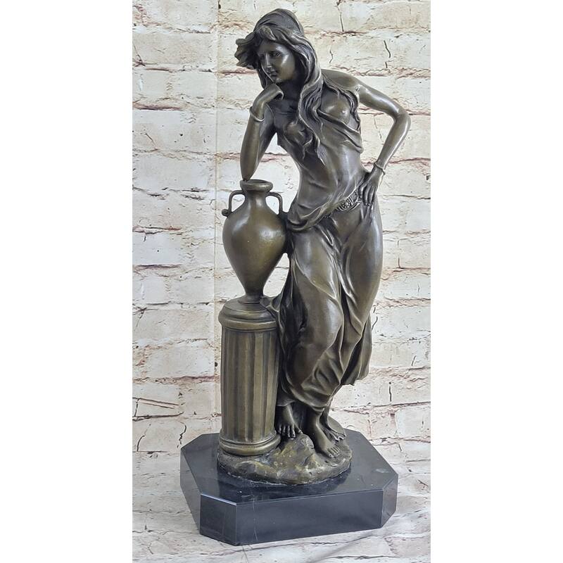 Signed Beautiful Maiden Ponders Leaning Against Vase Bronze Figurine Sculpture