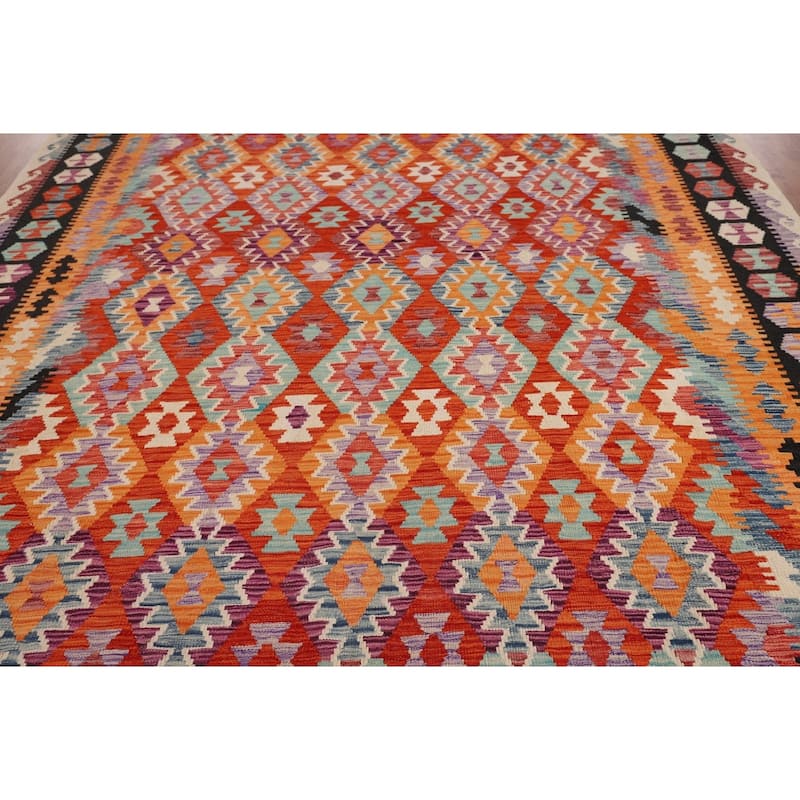 Orange Kilim Area Rug Hand-Woven Reversible Wool Carpet - 8'5" x 11'5"