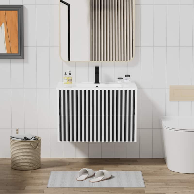 Wall Mounted Bathroom Vanity Set Mid-Century Storage Cabinet with Ceramic Sink - 30 in - White