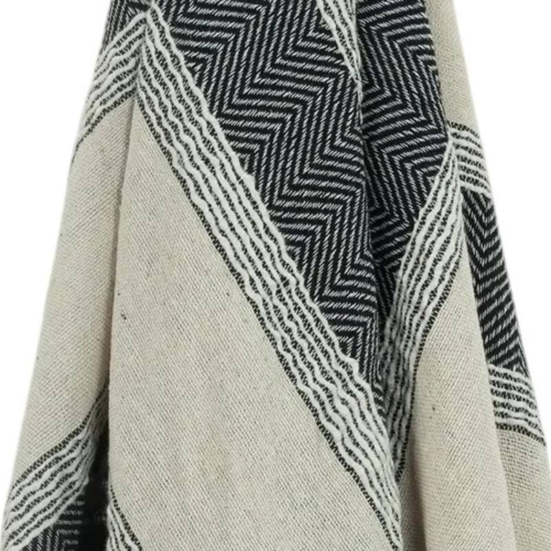 HomeRoots 50" X 60" Black Cotton Woven Striped Throw Blanket with Fringe