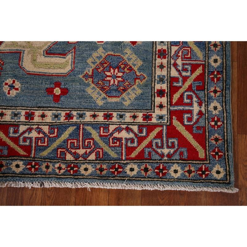 Geometric Blue Kazak Oriental Area Rug Handmade Wool Carpet - 4'3" x 5'11"