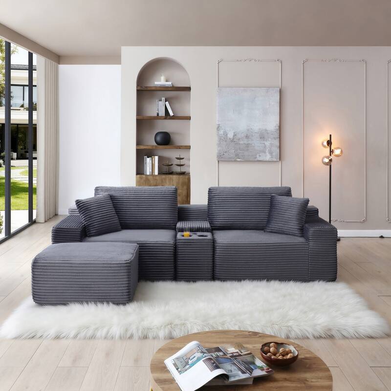 111" L-Shaped Corduroy Boneless Sectional Sofa with Ottoman
