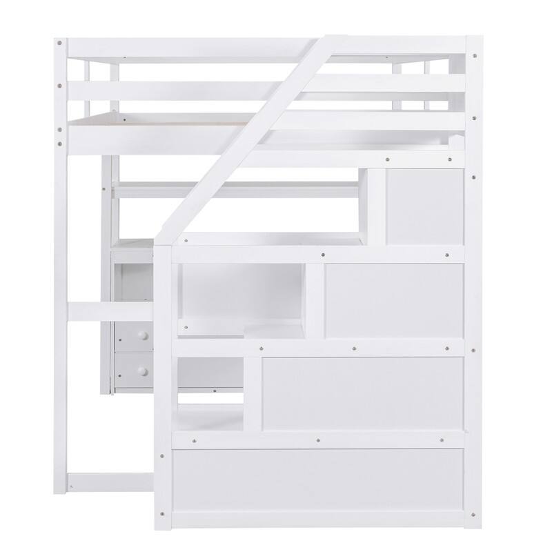 Wooden Full Size Loft Bed with Desk and Shelves, Two Built-in Drawers, Storage Staircase