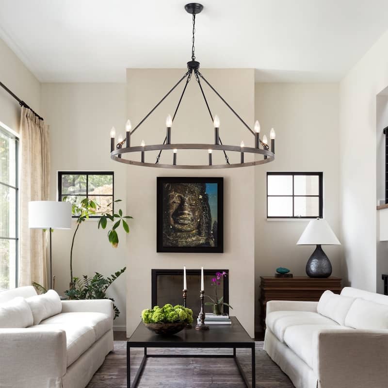 12-light Rustic Farmhouse Wagon Wheel Chandelier for Living Room - W37.99" x H90.55" - N/A