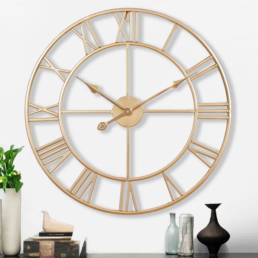 Champagne Gold Wall Clock, Large 24 Inch Wall Clocks for Living Room Decor, Metal Roman Numeral Wall Clock,Decorative Wall Clock