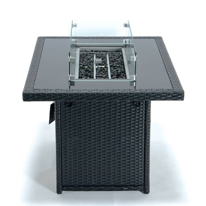 LeisureMod 44" Outdoor Fire Pit Table with 55,00 BTU - Rectangular Wicker Rattan Table for Lounge Porch Backyard Patio Decor