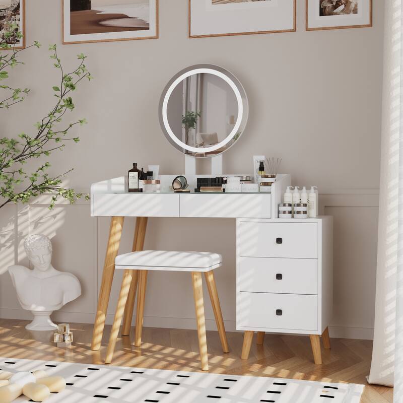 Extendable Make-up Vanity Set with Stool, 5 Drawers Dresser Glass Desktop Dressing Table with Round LED Mirror - White