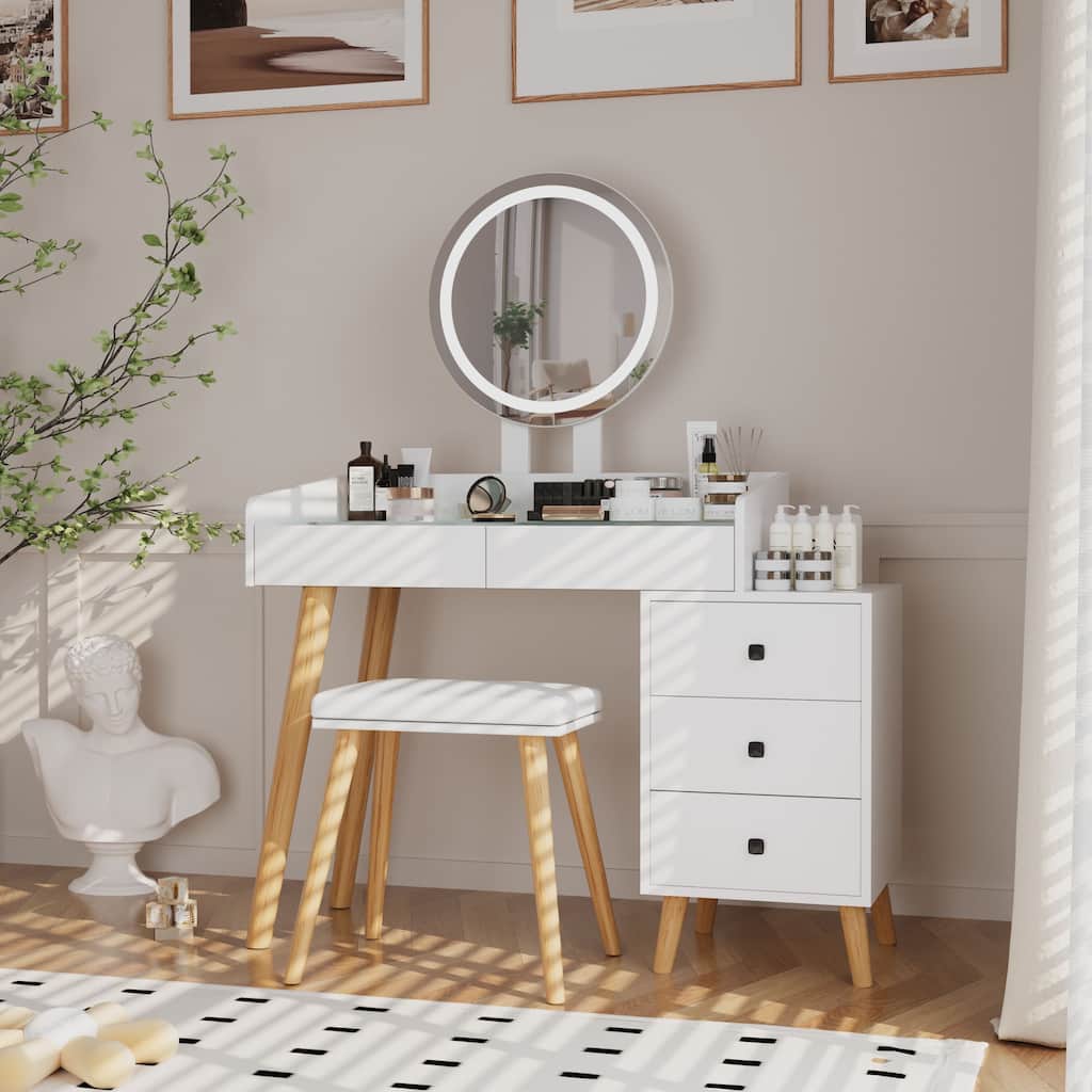 Extendable Make-up Vanity Set with Stool, 5 Drawers Dresser Glass Desktop Dressing Table with Round LED Mirror