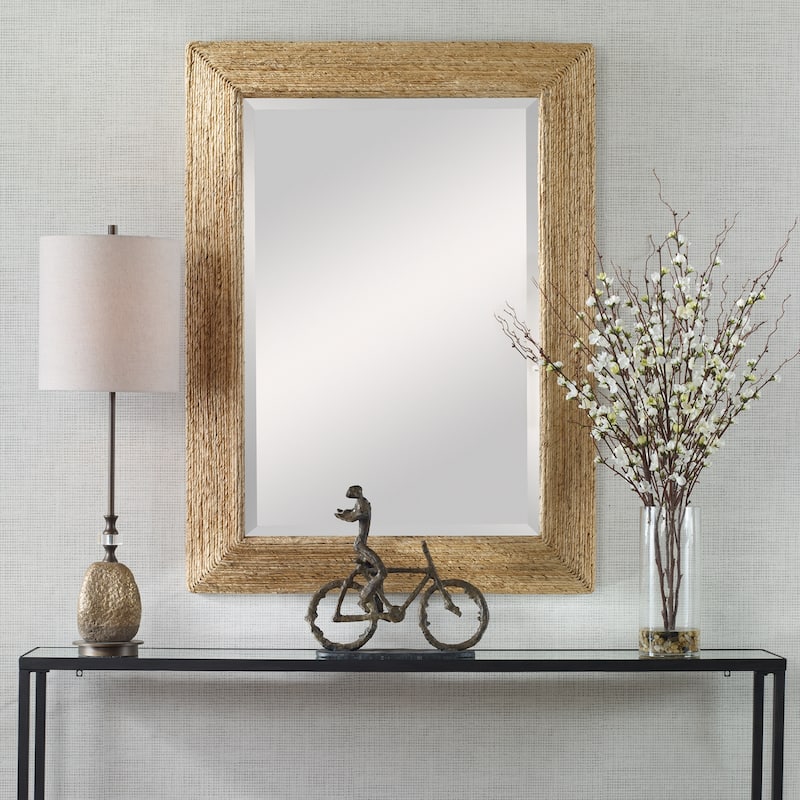 Wooden Framed Beveled Rectangular Wall Mirror - 46" - Beige