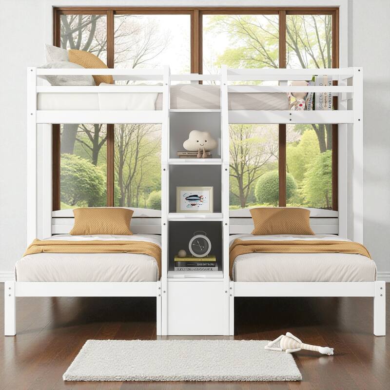 Twin over Twin & Twin Triple Bunk Bed with Built-in Staircase, Storage Drawers, Pine Wood Frame, Space-Saving Design