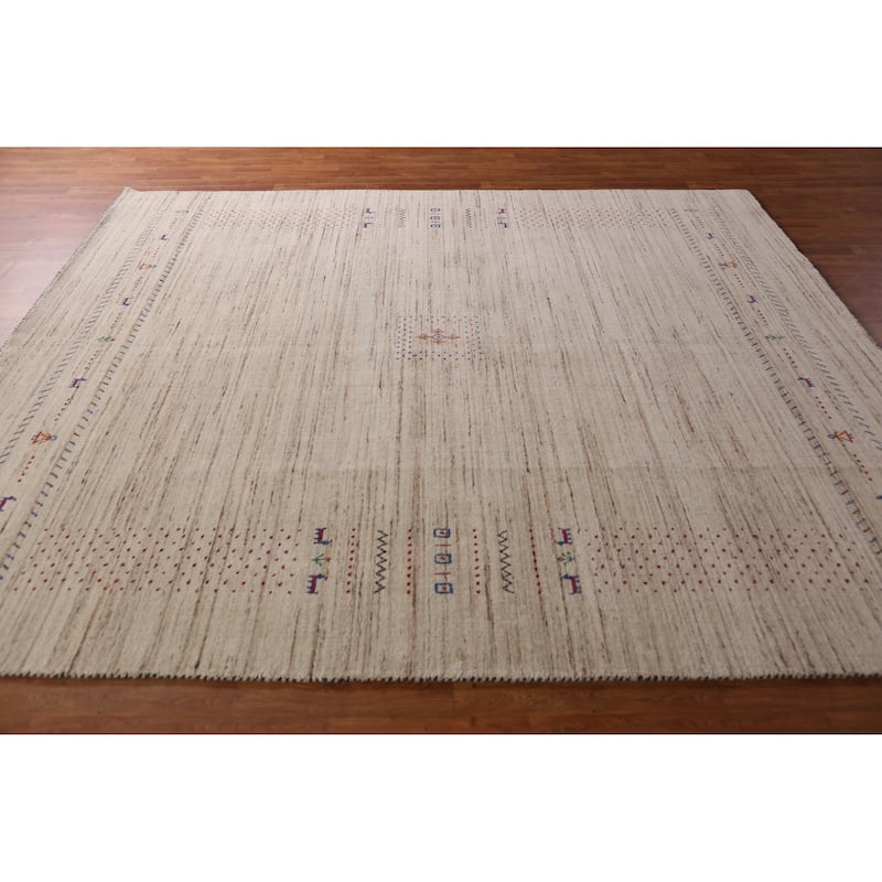 Tribal Gabbeh Indian Area Rug Hand-Knotted Oriental Beige Wool Carpet - 8'2" x 9'9"