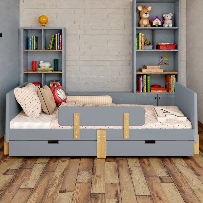 Twin/Full Wood Platform Bed with Storage Drawers, Guardrail, Shelf & Hooks, Solid Wood Frame, No Box Spring Needed