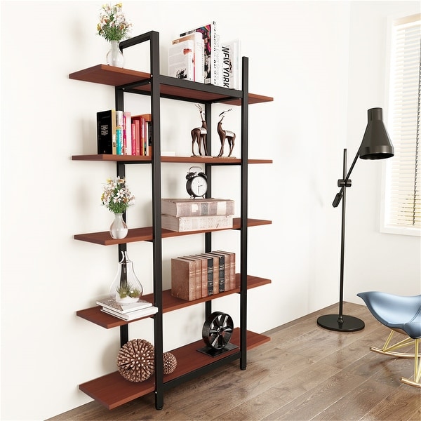 Brown Vintage Industrial 5-Tier Etagere Bookcase, White/ Gold