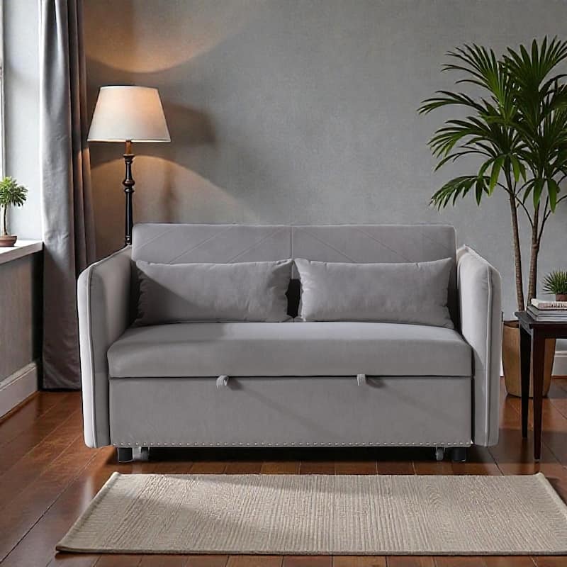 3 in 1 Convertible Sleeper Sofa Bed, Velvet Futon Loveseat with Pull Out Bed, Adjustable Backrest and Side Pockets