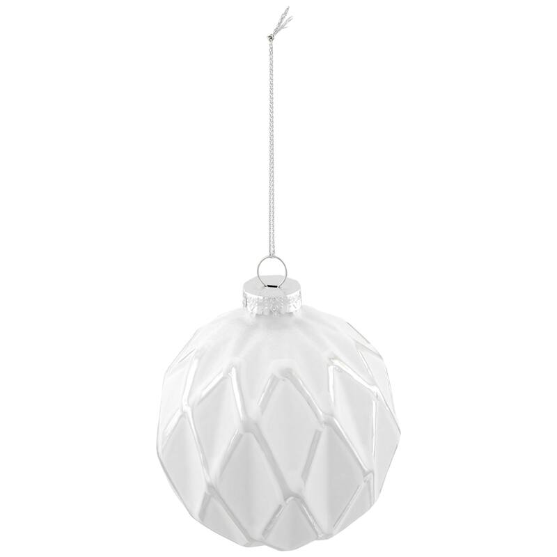Embossed Diamond Christmas Glass Ball Ornaments - 4" (100mm) - White - 4ct