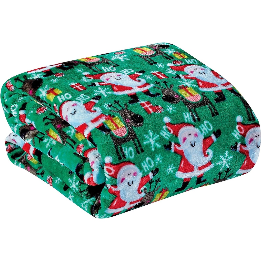 Ho Ho Ho Merry Christmas Collection by Decor More Microplush Holiday Throw Blanket 60 x 50 Green Santa