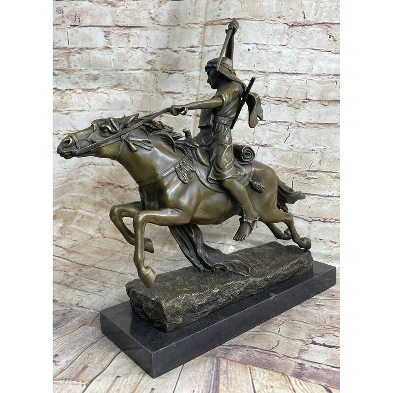 Arabian Arab Warrior On Imitative Horseback Bronze Statue Sculpture Figure On Marble Base