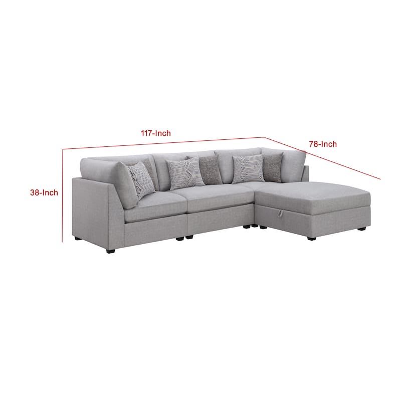 Cambia 4 Piece Modular Sectional Sofa Set w Ottoman, Gray, 6 Pillows