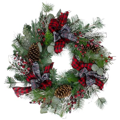 Dual Plaid and Berries Artificial Christmas Wreath - 24" - Unlit