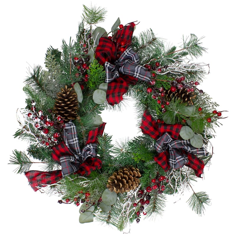 Dual Plaid and Berries Artificial Christmas Wreath - 24-Inch Unlit - 24"