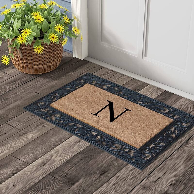A1HC Rubber and Coir Dirt Trapper Heavy Weight Large Monogrammed Doormat, Black