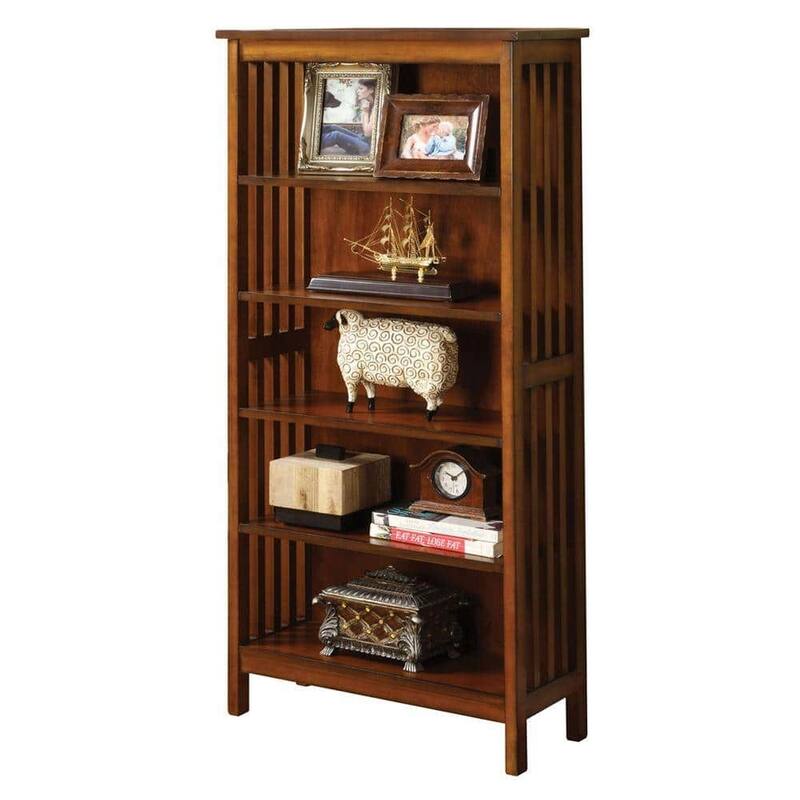 Antique Oak Finish 1pc Media Shelf, Solid Wood Storage Cabinet, 5-Shelves Open Cabinet Shelf