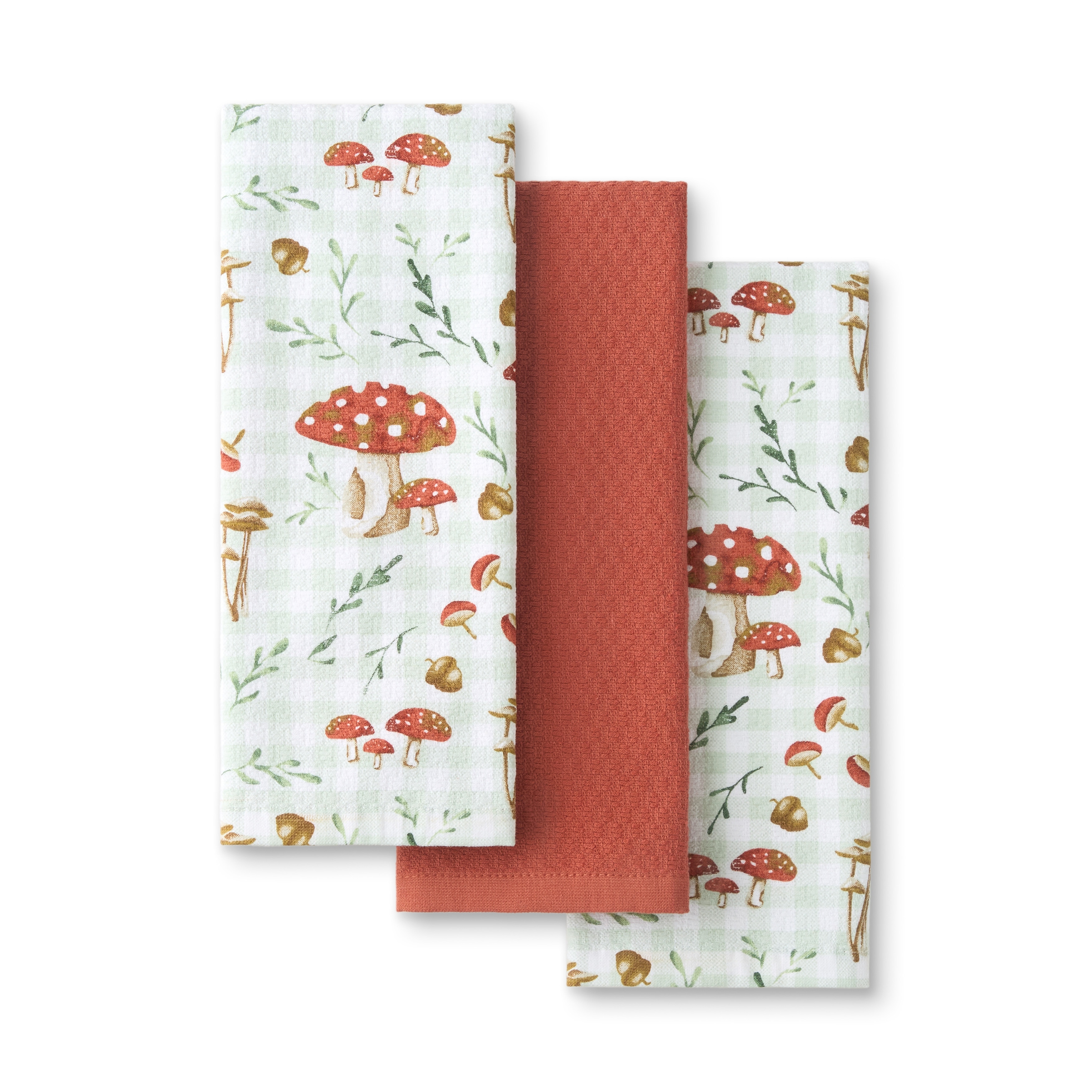 MARTHA STEWART Autumn Harvest Mushroom Plaid 3-Pack Kitchen Towel Set - 16"x28"