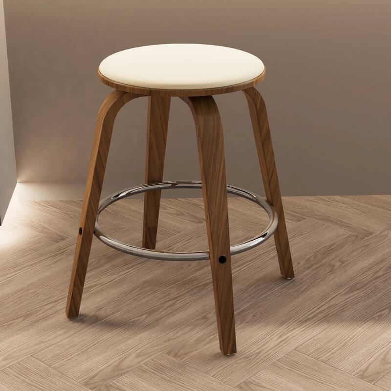 Pelya Leather Swivel Round Counter Stool with Wood Legs and Chrome Footrest for Kitchen Island or Dining Area Set of 2