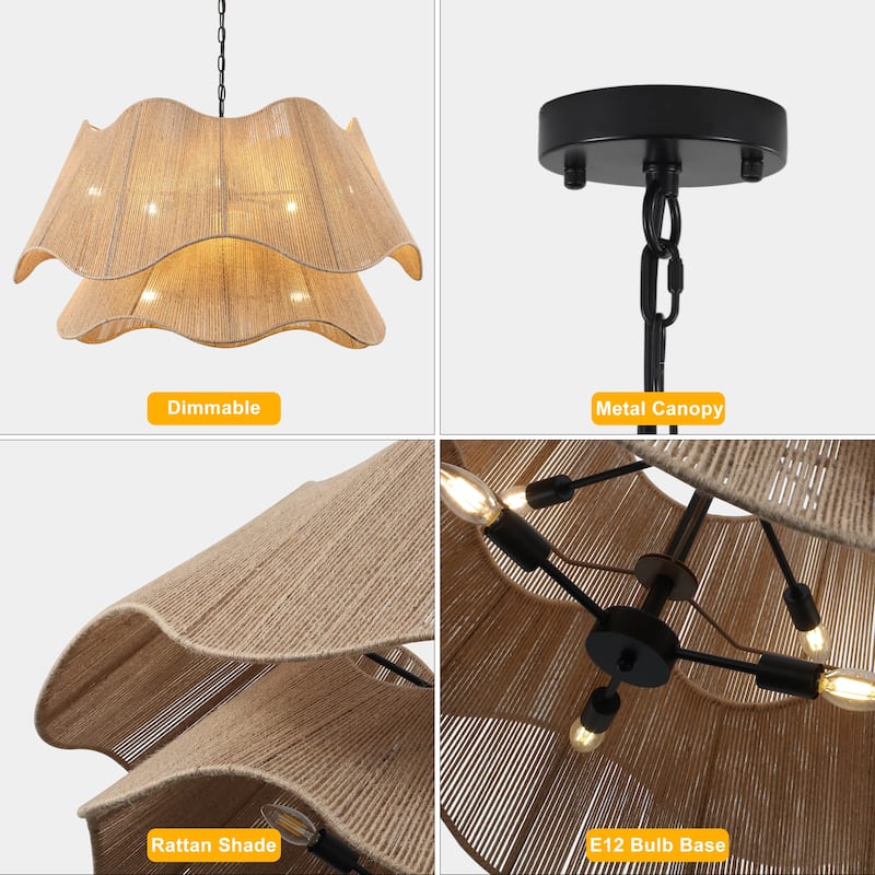 8-Light Matte Black 2-Tiered Hand Woven Natural Rattan Chandelier Modern Ceiling Light - 39.57 Wide