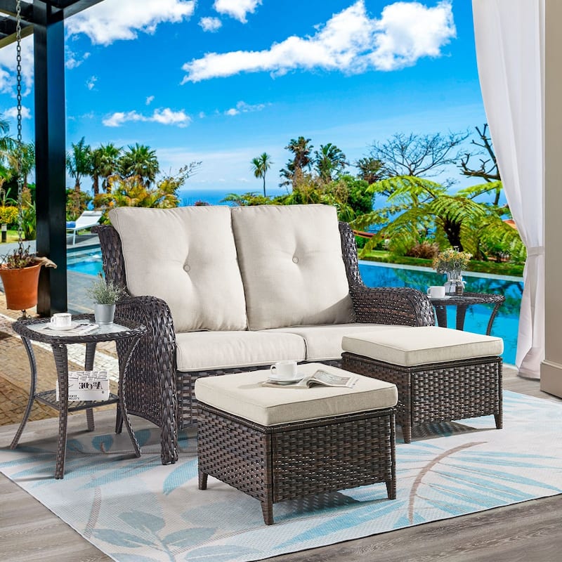 Gymojoy 5-Piece Outdoor Wicker Patio Furniture with Loveseat, Rattan Coversation Set with Water Resistant Thick Cushions - Brown Wicker / Beige Cusion - 5-Piece