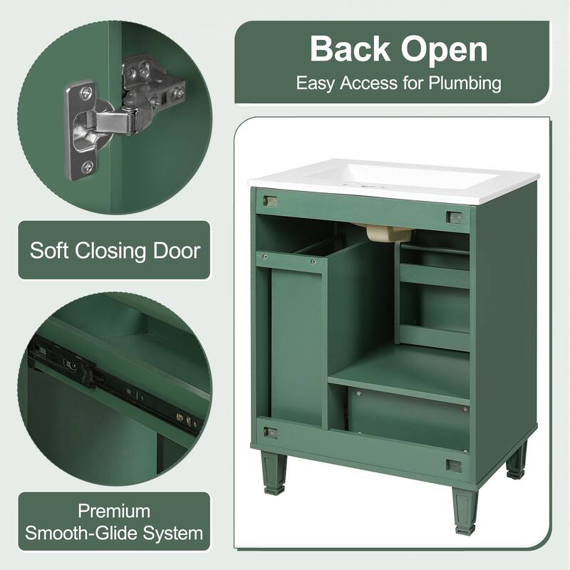 24"Bathroom Vanity with Sink,Bathroom Cabinet with Door Shelf,Deep Drawer,2-Tier Pull-Out Basket,Solid Wood Frame and MDF Board