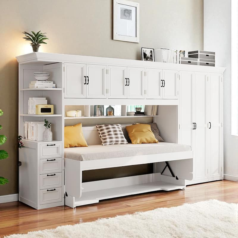 Twin Size Murphy Bed with Desk, Wardrobe, Cabinets & Drawers, Space-Saving Wall Bed for Small Apartments - White - Twin