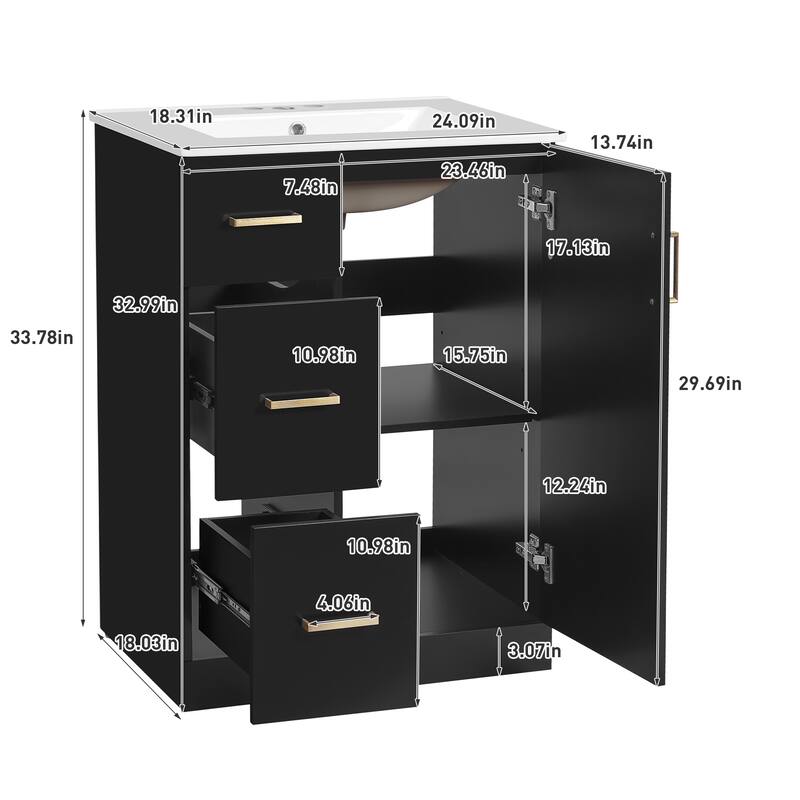 24-Inch Modern Bathroom Vanity with Sink, Freestanding Small Vanity Cabinet with 2 Drawers and Soft-Close Door