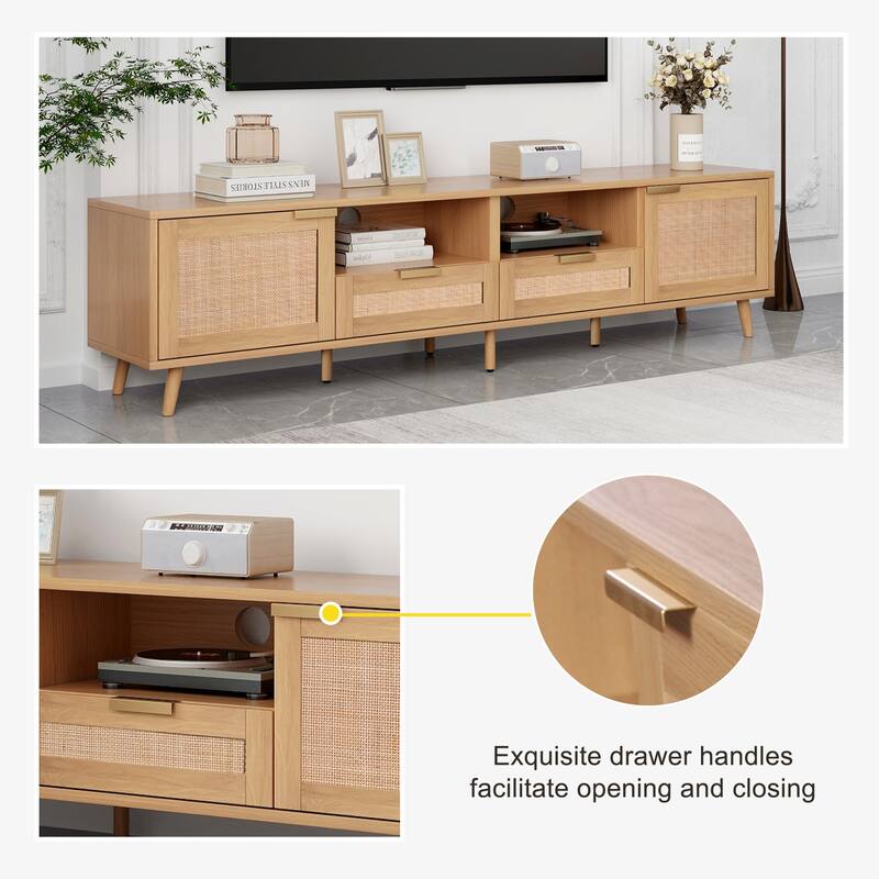 85" TV Stand with Rattan Design, Media Console for Living Room with Storage Cabinets & Open Shelves