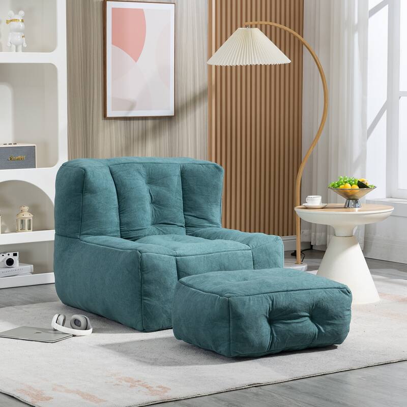 Fluffy Bean Bag Chair with Memory Foam and Ottoman, Super Soft Velvet Bean Bag for Adults & Kids, Comfortable Lazy Sofa