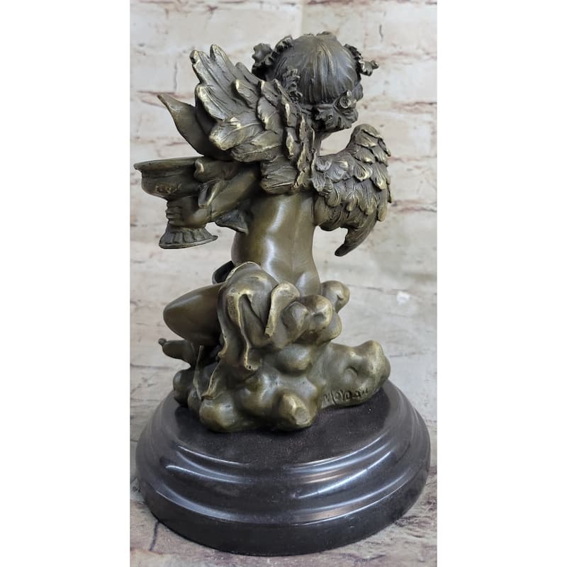 Signed Bronze Statue Sculpture Desk Angel Candleholder Figurine Art Deco Figure