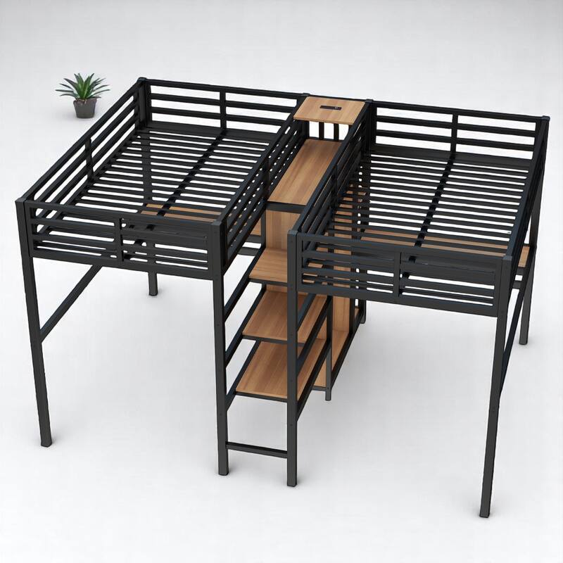 Twin Over Twin Metal Loft Bed with Dual Desks, Wardrobe, Charging Ports & Storage Shelves, Space-Saving Design for Kids & Teens