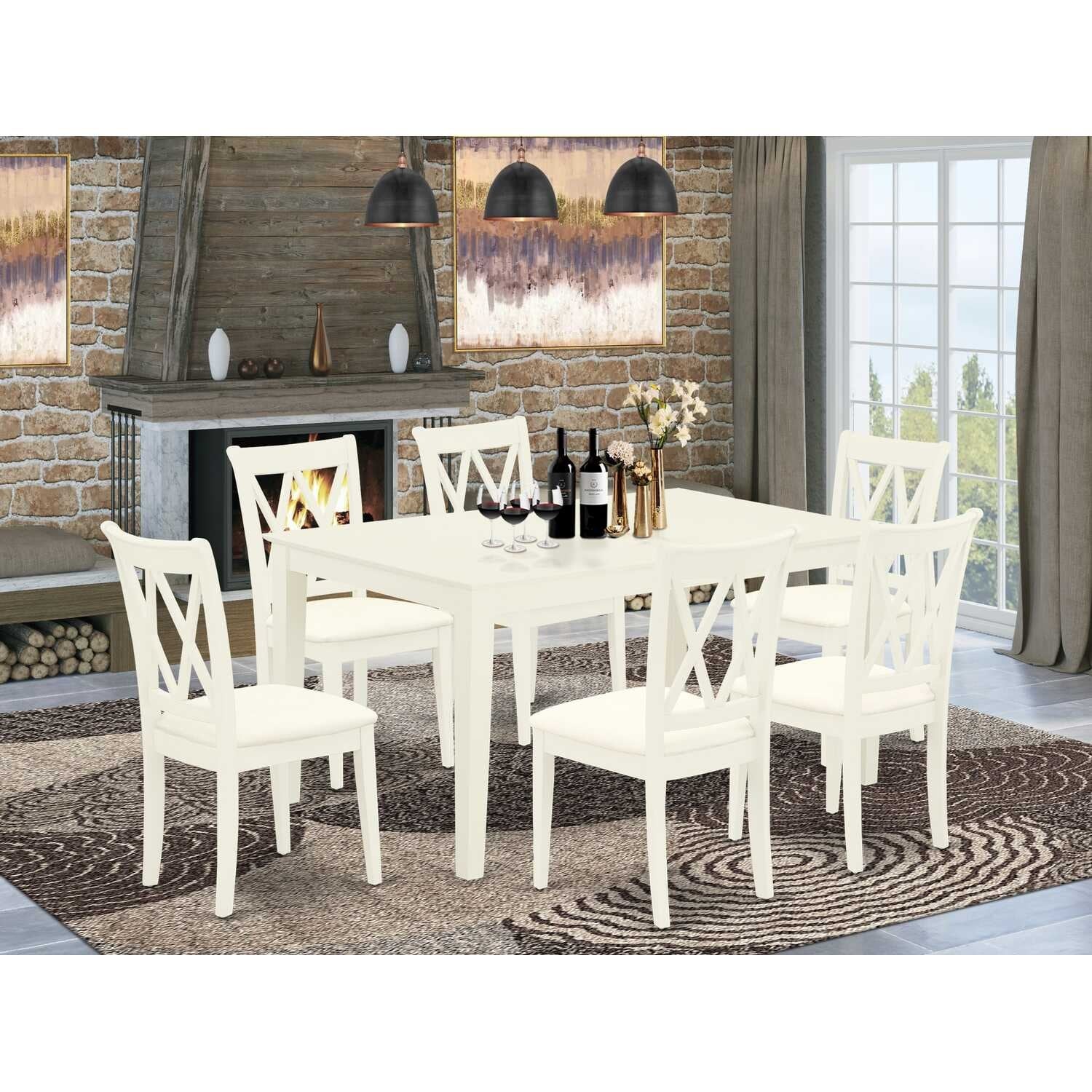 HomeStock 7-Piece Rectangle Linen White Finish Solid Wood Top Dining Table with 6-Chairs with Cross Back
