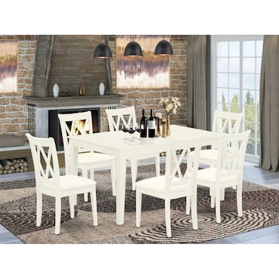 HomeStock 7-Piece Rectangle Linen White Finish Solid Wood Top Dining Table with 6-Chairs with Cross Back