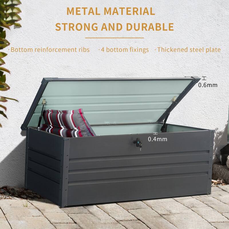 ​Grey Industrial Steel Storage Deck Box with Hydraulic Lid and Convertible Table for Patio Poolside