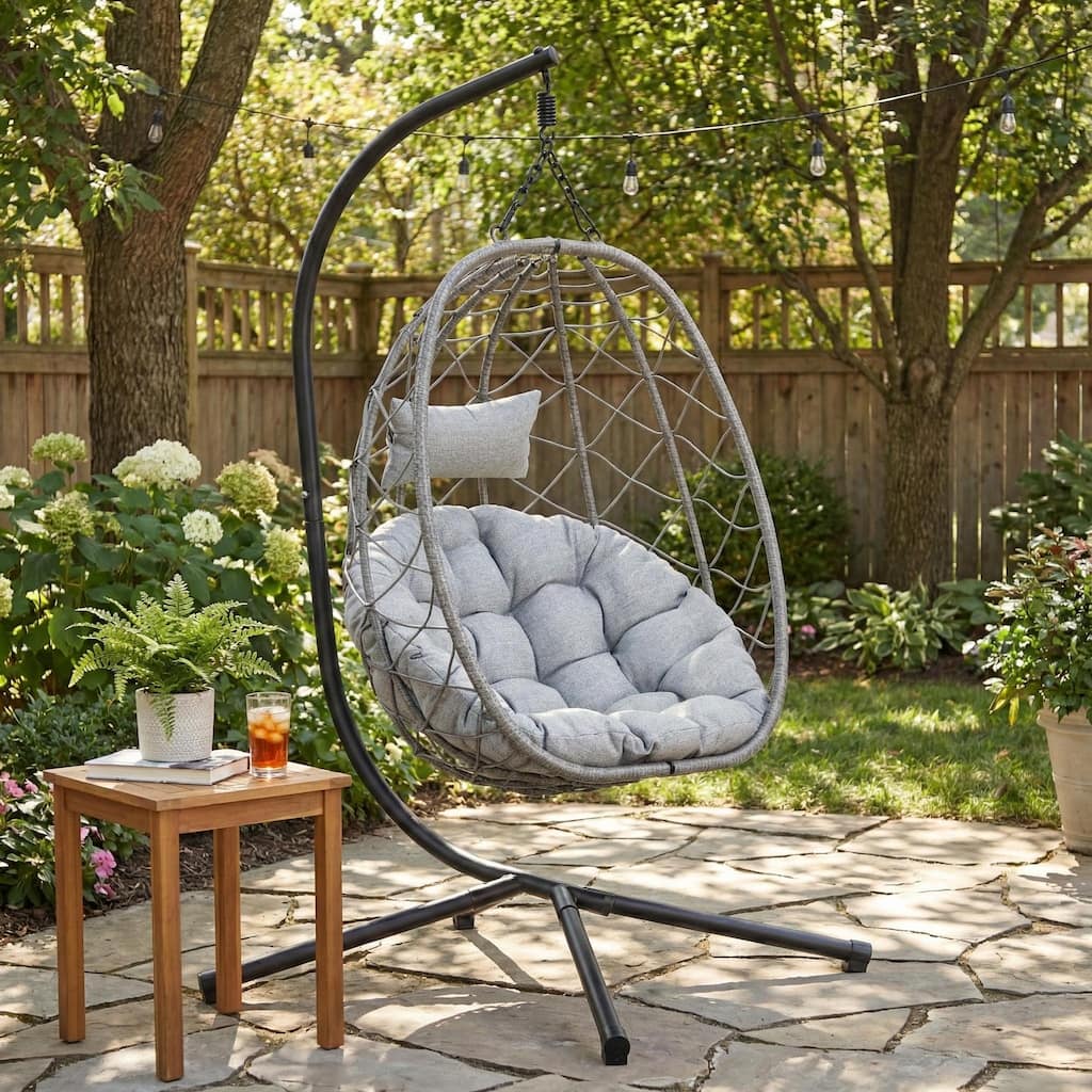Summit Ergonomic Foldable Hanging Egg Swing Chair with Removable Cushion, Powder-Coated Iron Stand for Patio, Backyard, Garden