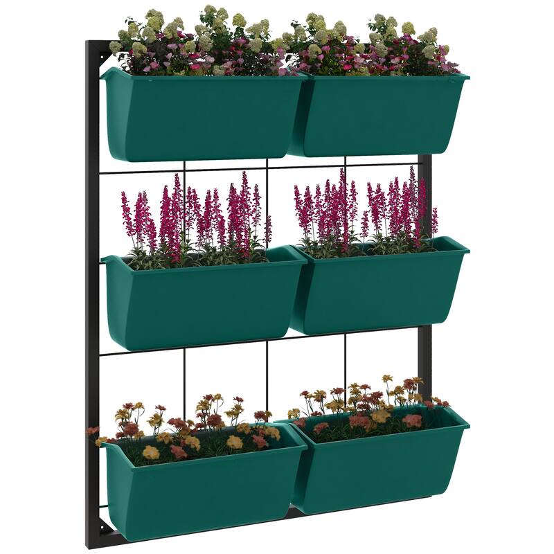 Outsunny 3-Tier Wall Planter with 6 Pots for Indoor and Outdoor Use, Hanging Plant Holder, Self Draining Wall Mounted Planter