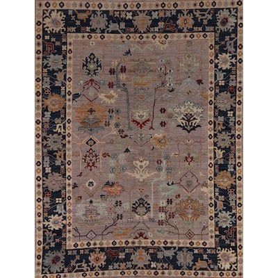 Vegetable Dye Oushak Turkish Rug Hand-Knotted Floral Wool Carpet - 8'0"x 9'11"