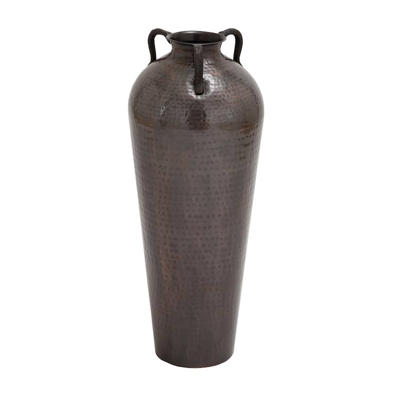 Metal Tall Floor Mediterranean Style Vase with Hammered Details and Handles - Brown - Roche River Decor - 12"W, 32"H
