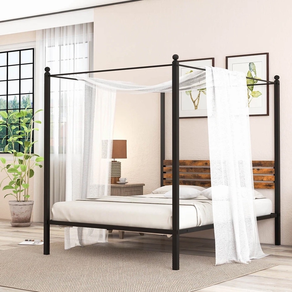 Queen Size 4-Post Canopy Bed Frame Rustproof Metal Noise-free Black
