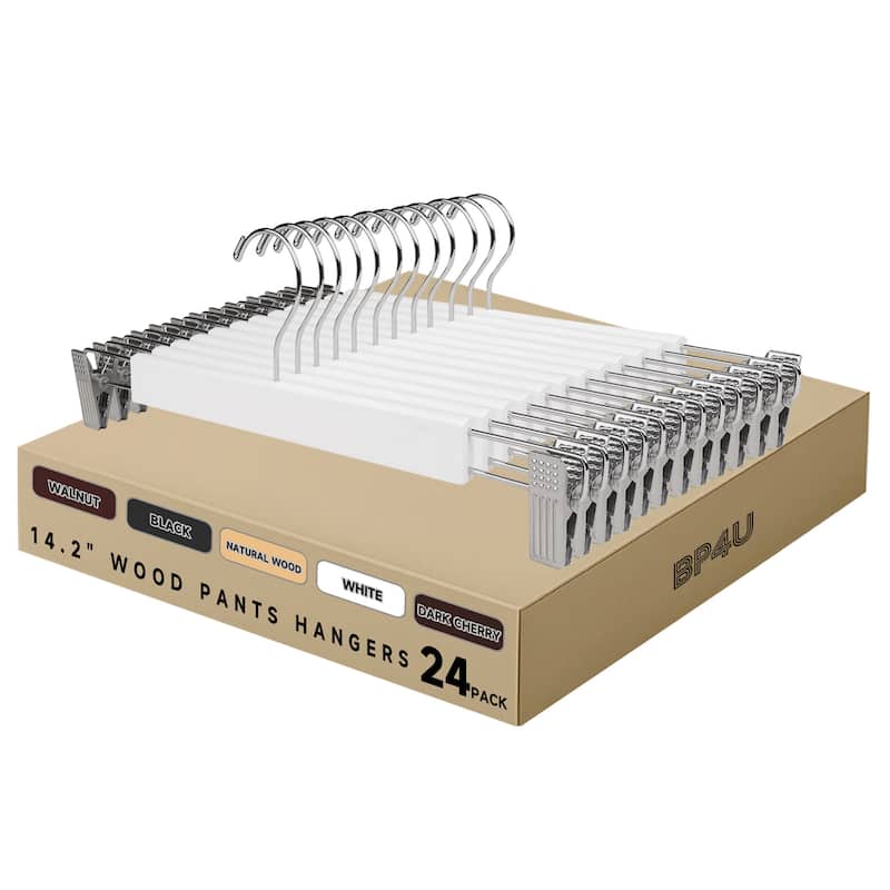 BP4U Premium Wooden Pants Hangers with Adjustable Clips, Solid Wood Skirt Hangers for Jeans, Slacks, Dresses - 24-Pack - White