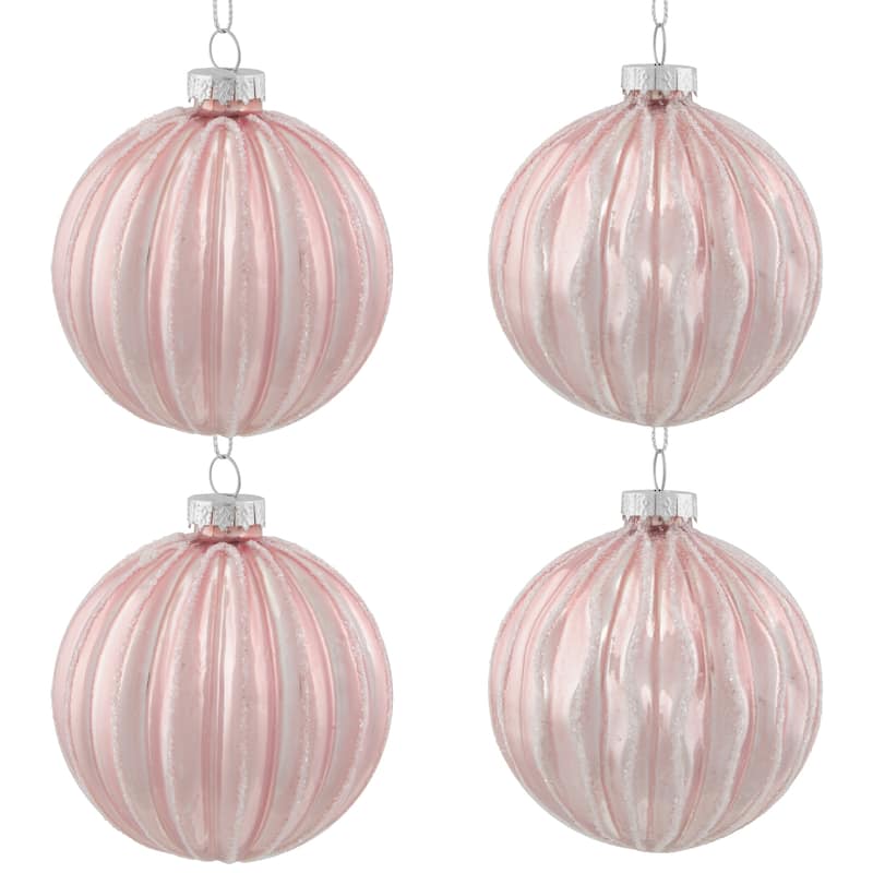 Shiny Glittered Geometric Glass Ball Christmas Ornaments - 3" (80mm) - Pink - 4ct